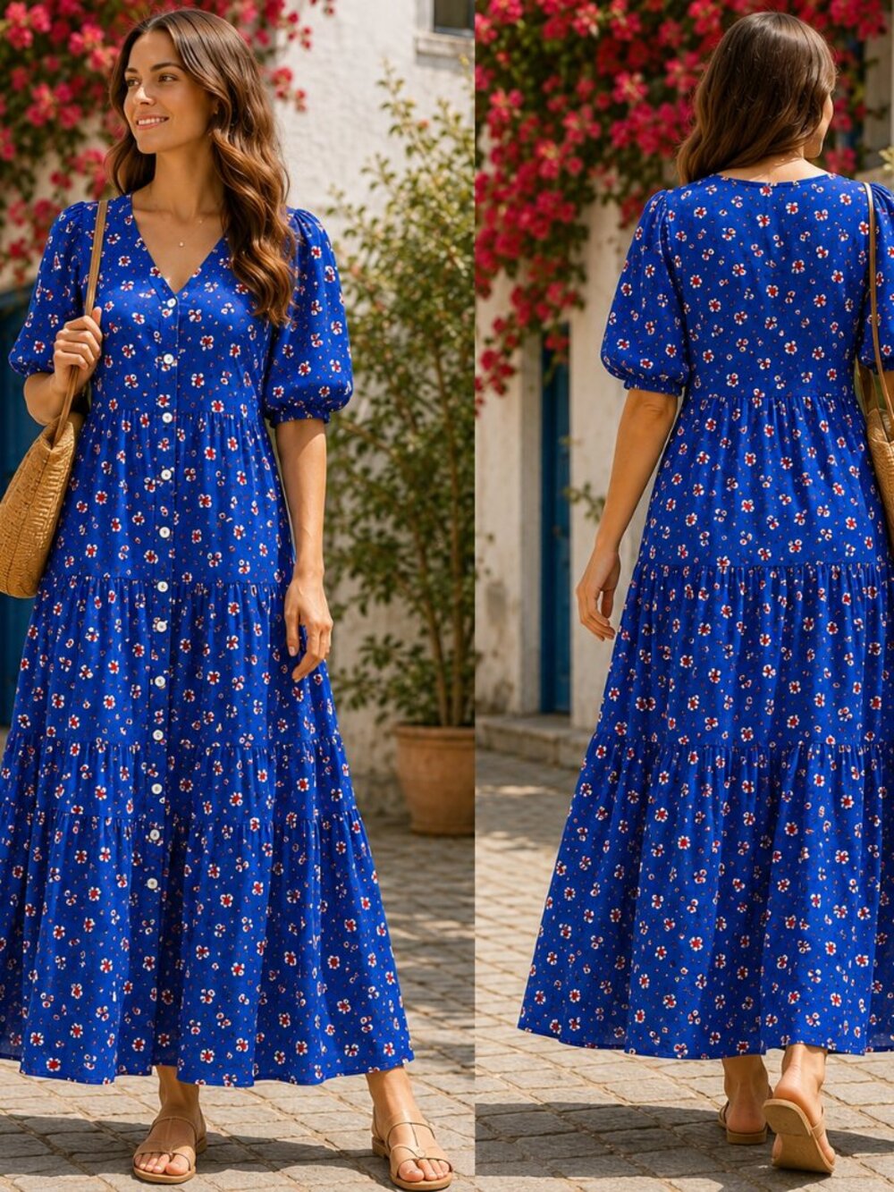 Citrus Blue Ditsy Floral Button-Front Puff Sleeve Maxi Dress | Size Medium